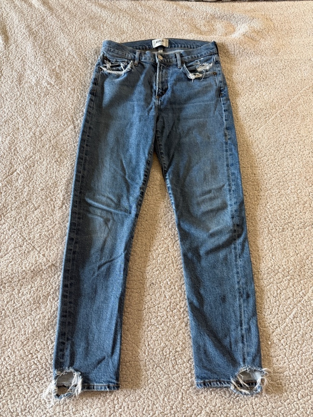 Agolde Straight Leg Toni Jeans in Medium Blue with Distressed Hem Size 26